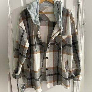 Plaid Hooded Jacket with Button Closure